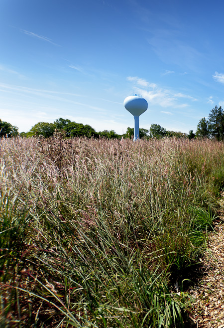 A Water Tower breaks up the landscape in the Hilltop Prairie Meadow